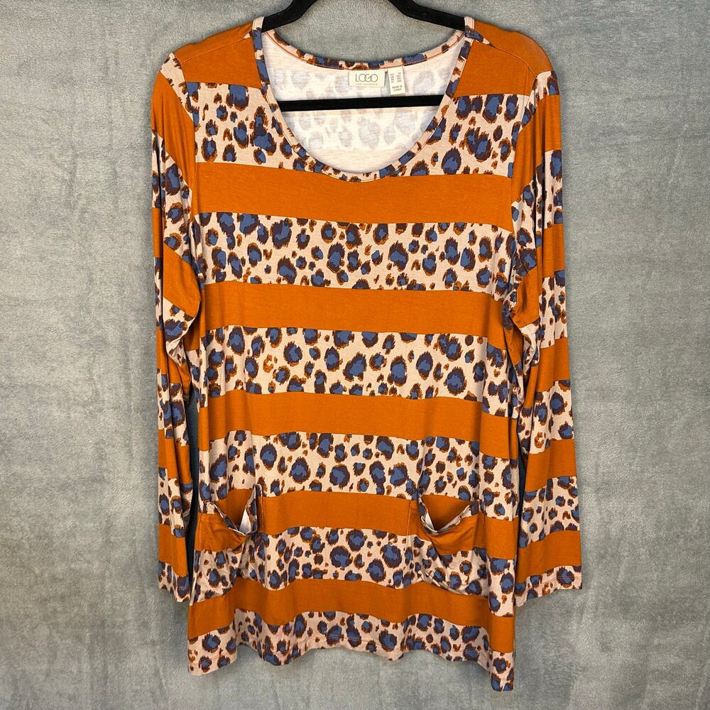 LOGO Lori Goldstein Top Womens 1X Rust Animal Print Tunic Long Sleeve Loose Boho